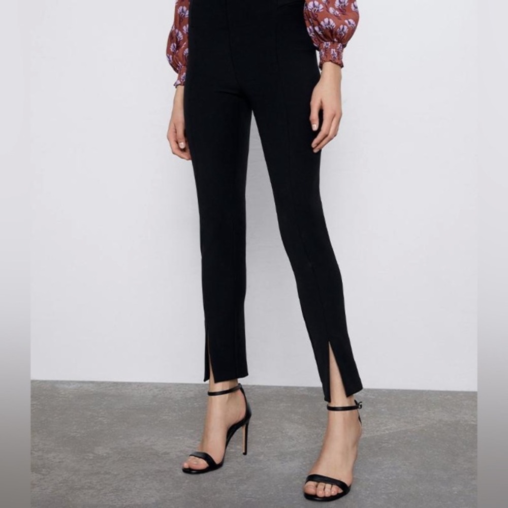 Zara Black Ribbed Split Hem Slim Pants